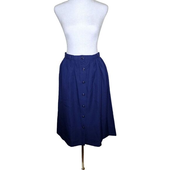 Vintage 80s Straight Skirt Womens Size L Navy Blue Button Front Elastic Waist - Picture 3 of 4